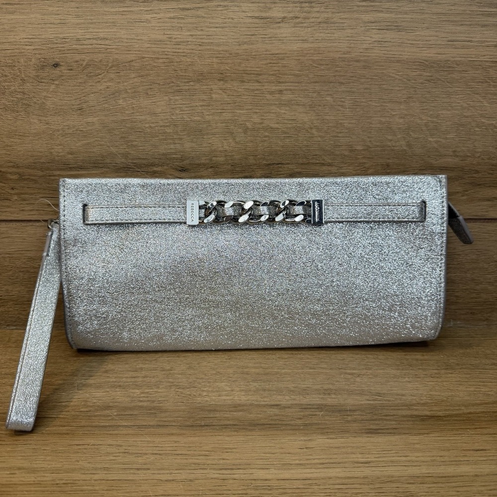 Rebecca Minkoff Curb Link Clutch Silver Glitter Evening Handbag Purse Wristlet
